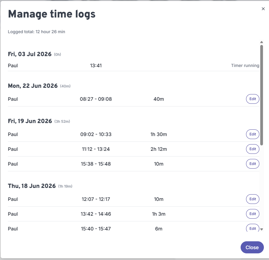 Manage time logs